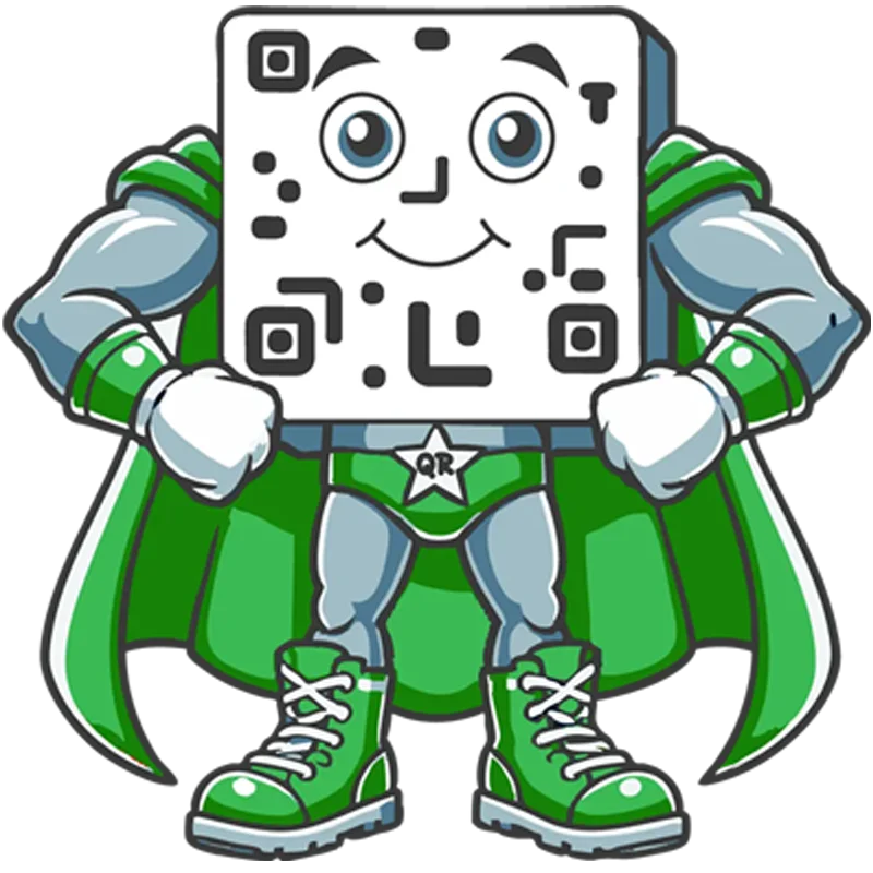 QR Code Generator superhero character holding a custom QR code with analytics dashboard